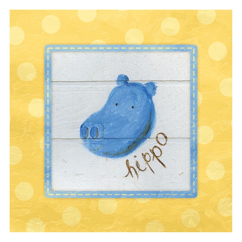 Erin Butson, HAPPY HIPPO II (Nilpferd, Tier, Hippopothamus, niedlich, naiv, Malerei, Wohnzimmer, Treppenhaus, Kinderzimmer, Punkte  Wunschgröße, blau/weiß/gelb)