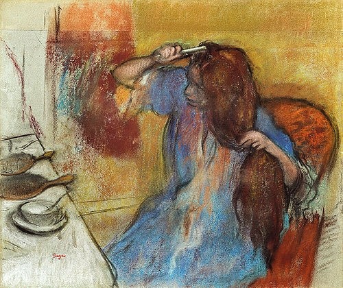 Edgar Degas, Sich kämmende Frau (Femme à sa Toilette). Um 1889 (Degas,Edgar,1834-1917,Christie's Images Ltd,Pastell auf Papier,19. Jahrhundert,Impressionismus,Edgar Degas,Frau,sich kämmen,Kamm,Kämme,langhaarig,langes Haar,Toilette,sich frisieren,Frisiertisch,Pastell,unbeobachtet,Körperpflege,intim,Toilettentisch, fran)