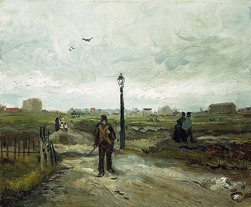 Vincent van Gogh, Am Stadtrand von Paris (Aux Confins de Paris). 1886 (Landschaft, Weg, Stadtrand, Paris, Spaziergänger, Laterne, ländlich, Klassische Moderne, Impressionismus, Wohnzimmer, Treppenhaus, Wunschgröße, bunt)