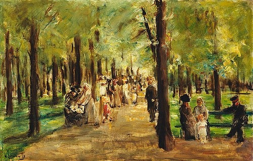 Max Liebermann, Spaziergänger im Tiergarten. 1918 (Liebermann,Max,1847-1935,Christie's Images Ltd,Öl auf Leinwand,19. Jahrhundert,20. Jahrhundert,Impressionismus,Max Liebermann,Weg,Fußweg,Park,öffentlicher Park,Berlin,Tiergarten,Sonntag,Freizeit,Spaziergänger,Bäume,draußen,Bank,Kinderwagen,unter Bäumen)