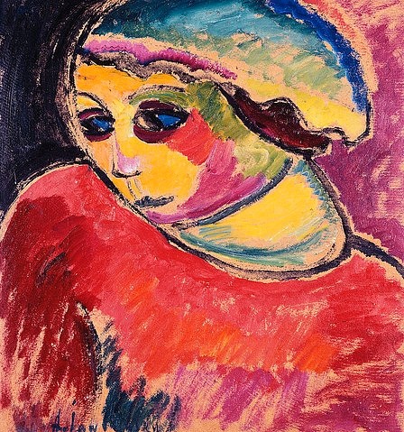 Alexej von Jawlensky, Grüne Haube. 1911 (Jawlensky,Alexej von,1864-1941,Christie's Images Ltd,Öl/Karton,20. Jahrhundert,Expressionismus,Alexej Von Jawlensky,Kopf und Schulter,Frau,rot,Farben,farbenfroh,leuchtend,nachdenklich,nach unten schauen,traurig)