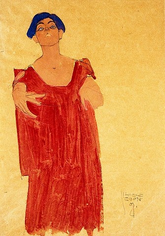 Egon Schiele, Frau mit blauem Haar. 1908 (Gouache/Aquarell/Bleistift,auf Papier, Ausdruck, Expressionismus, ausdrucksvoll, Frau,rotes Kleid, Körpersprache, ausdrucksstark, blaue Haare, Wunschgröße, Wohnzimmer, bunt)