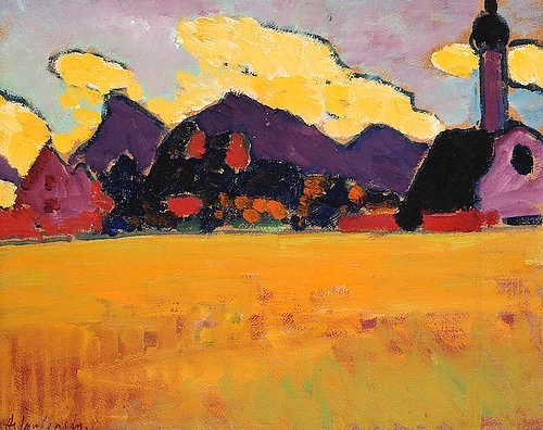 Alexej von Jawlensky, Landschaft bei Murnau. Um 1910 (Landschaft,20. Jahrhundert,Öl/Karton,Jawlensky,Alexej von,1864-1941,Christie's Images Ltd,Alexej Von Jawlensky,Murnau,Farben,farbenfroh,gelb,orange,Feld,Kirche,Kirchturm,Landschaft,Wolken,Expressionismus,Blauer Reiter,Berge,Berg,violett)