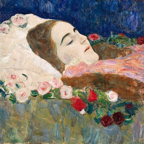Gustav Klimt, Fräulein Ria Munk auf dem Totenbett. Um 1910 (Klassische Moderne, Jugendstil, Ria Munk, Tot, totes Mädchen, Beerdigung, Selbstmord, Tragik, Drama, Sarg, Blumen, Wohnzimmer, Treppenhaus,  Malerei, Wunschgröße, bunt)