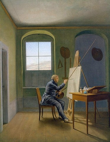 Georg Friedrich Kersting, Caspar David Friedrich im Atelier. 1819. (Malerei, Biedermeier, Atelier, Interieur, Innenraum, Künstler, Staffelei, Zeichenstock, Klassiker,Wunschgröße, Wohnzimmer, bunt)