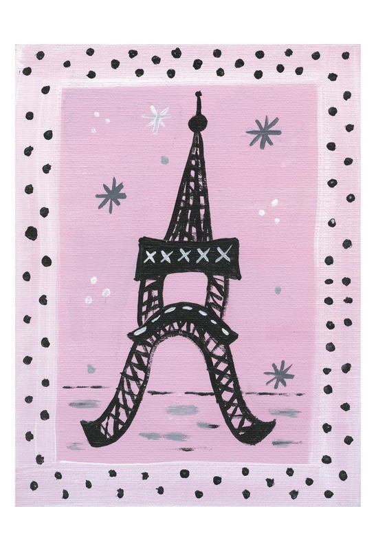 Tammy Hassett, ON TOUR I (Punkte, Sterne, Paris, Eiffelturm, naiv, niedlich, lustig, plakativ, Grafik, Kinderzimmer, Wunschgröße, rosa/schwarz)