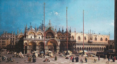 Canaletto (Giovanni Antonio Canal), Markuskirche und Dogenpalast, Venedig. (Canaletto (Giovanni Antonio Canal),1697-1768,Christie's Images Ltd,Öl auf Leinwand,18. Jahrhundert,Canaletto, Giovanni Antonio Canal,San Marco,Markuskirche,Dogenpalast,Venedig,blauer Himmel,Architektur,Fassade,Platz,Staffage,Staffagefiguren,Basilica di Sa)