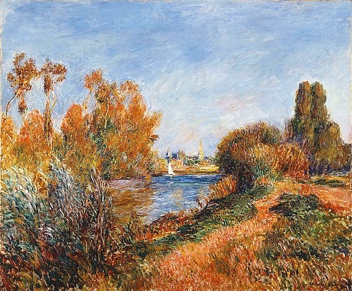 Pierre-Auguste Renoir, Die Seine bei Argenteuil. 1888 (Landschaft, Frankreich, Argenteuil, Seine, Fluss, Büsche, Bäume, Herbst, Impressionismus, klassische Moderne, Wunschgröße, Wohnzimmer, Malerei)