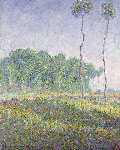 Claude Monet, Frühlingslandschaft, Giverny (Paysage du Printemps, Giverny). 1894 (Monet,Claude,1840-1926,Christie's Images Ltd,Öl auf Leinwand,19. Jahrhundert,Impressionismus,Landschaft,Claude Monet,Landschaft,Frühling,Pastellfarben,hell,Hochformat,Bäume,hellblau,hellgrün,Giverny,Wiese,Baumstämme,stimmungsvoll,Stimmung,Blumenwiese, fra)