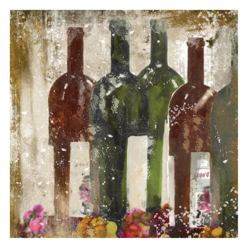Cynthia Alvarez, WINE BOTTLES II (Flaschen, Weinflaschen, Malerei, Küche, Esszimmer,  Wohnzimmer, Treppenhaus, Wunschgröße, hellblau)