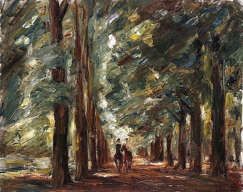 Max Liebermann, Allee in Sakrow mit zwei Reitern. Um 1923 (Liebermann,Max,1847-1935,Christie's Images Ltd,Öl auf Leinwand,20. Jahrhundert,Max Liebermann,Allee,Wald,Waldweg,Licht,Bäume,Schatten,Reiter,ausreiten,draußen,Perspektive,in einer Reihe,Baumreihe,Sakrow,Ausritt)