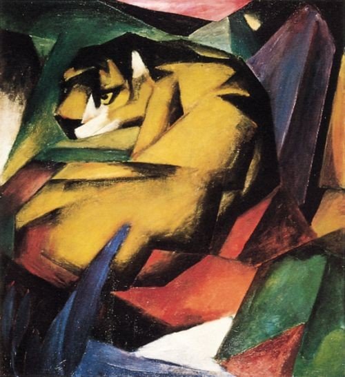 Franz Marc, Der Tiger (Expressionismus, Urwald, Tiger, Aufmerksamkeit, Versteck,  Tier, Bäume, klassische Moderne, Wohnzimmer, Arztpraxis, Treppenhaus, Schlafzimmer, Malerei, bunt)