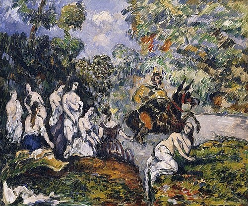 Paul Cézanne, Scène Légendaire (Die Figur auf dem Pferd soll Sancho Panza, der Begleiter von Don Quichotte sein). Um 1878 (Cézanne,Paul,1839-1906,Christie's Images Ltd,Öl auf Leinwand,19. Jahrhundert,Paul Cezanne,zu Pferde,Gruppe,Akte,Badende,Reiter,Frauen,in der Natur,Sancho Panza,Don Quichotte,Halbakte)