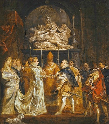 Peter Paul Rubens, Die Hochzeit von Maria de' Medici mit Heinrich IV per Prokuration am 5. Oktober 1600. (vgl. Bild 16409) (Maria de Medici, Stellvertreter für Heinrich IV, Dom Florenz, Braut, Verwalter, Skizze, Menschen, Gesellschaft,  Barock, Klassiker, Malerei,  Treppenhaus, Wohnzimmer, Wunschgröße, bunt)