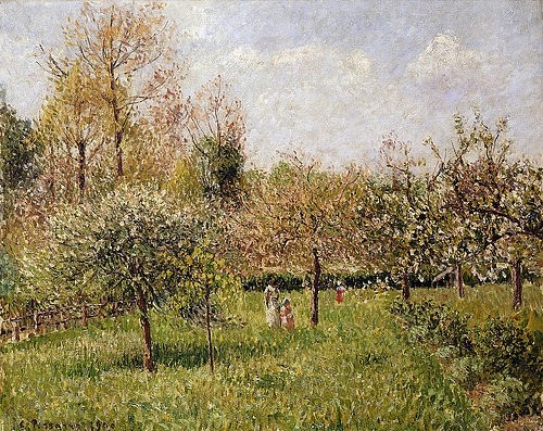 Camille Pissarro, Frühling in Eragny (Printemps à Eragny). 1900 (Pissarro,Camille,1830-1903,Christie's Images Ltd,Öl auf Leinwand,19. Jahrhundert,Impressionismus,Camille Pissarro,Garten,Baum,Bäume,Obstbäume,grün,Wiese,Eragny,Obstbaum,Obstgarten,Natur,draußen,Frühling,Jahreszeit,ländlich,Idylle,impressionistisch,blühen,)