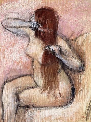 Edgar Degas, Sitzender Akt, sich kämmend (Femme nu assise, se coiffant). Um 1887-90 (Degas,Edgar,1834-1917,Christie's Images Ltd,19. Jahrhundert,Pastell und Kohle auf Papier,Impressionismus,Edgar Degas,sich kämmen,Haare,lange Haare,langhaarig,weiblicher Akt,Frau,braunhaarig,übereinandergeschlagene Beine,Pastell,Körperpflege,Brust,nackt, f)