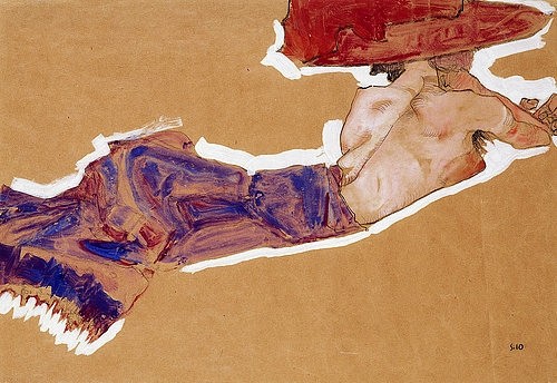 Egon Schiele, Liegender Halbakt mit rotem Hut. 1910 (Frau, Liegende, Halbakt, Rückenansicht, Hut, rotr Hut, Erotik, Expressionismus, Schlafzimmer, Wohnzimmer, Wunschgröße, bunt)