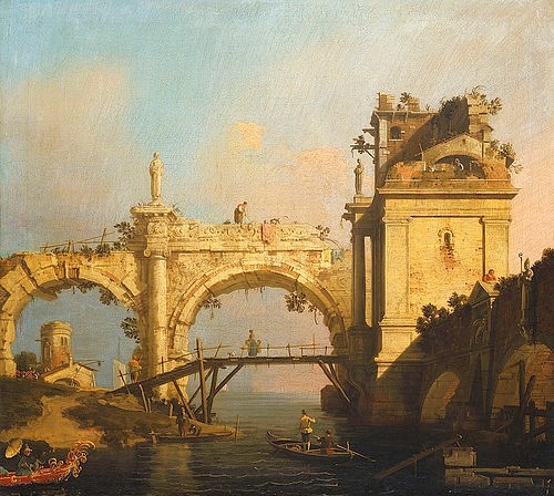 Canaletto (Giovanni Antonio Canal), Capriccio einer zerfallenen Renaissance-Arkade. (Canaletto (Giovanni Antonio Canal),1697-1768,Christie's Images Ltd,Öl auf Leinwand,18. Jahrhundert,Giovanni Antonio Canal,Canaletto,Ruine,Architektur,Ruinenromantik,Bogen,Bogengang,Pavillion,Brücke,Turm,Fußgängerbrücke,Kanal,Capriccio,Arkade)