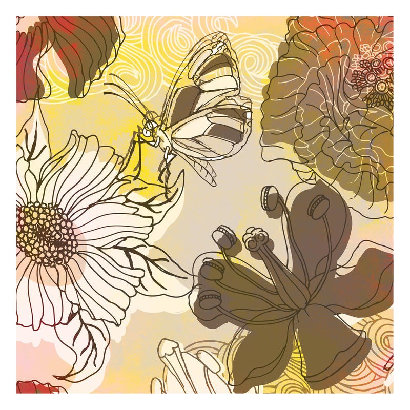 Kristin Emery, BROWN IN BROWN I (Muster, floral, Blumen, Blätter, Schmetterling, stilisierte Blüten, retro/vintage, flower power, Grafik,  modern, zeitgenössisch, Wohnzimmer, Treppenhaus, Wunschgröße,  bunt)
