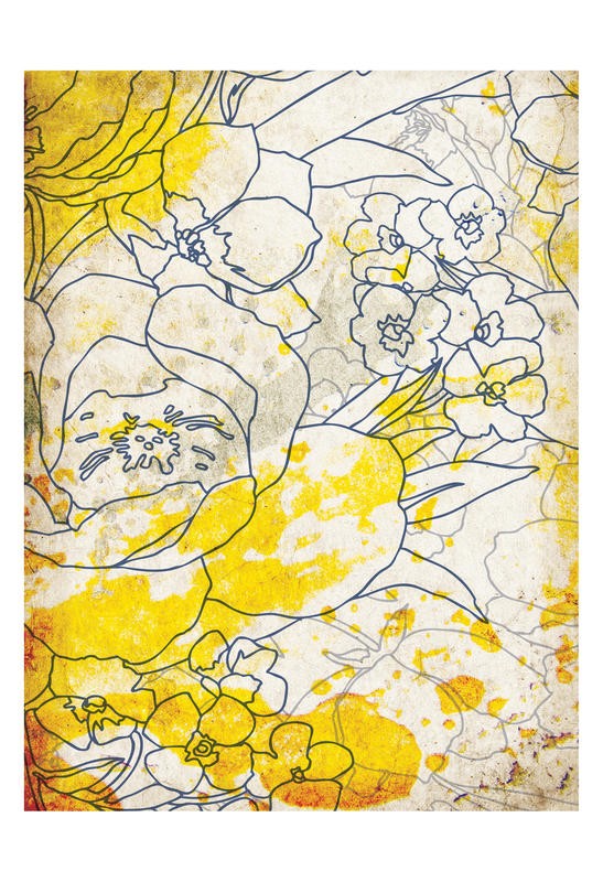 Kristin Emery, SPLASH OF COLOR II (Muster, floral, Blumen, stilisierte Blüten, Grafik,  modern, zeitgenössisch, Wohnzimmer, Treppenhaus, Wunschgröße,  beige/gelb)