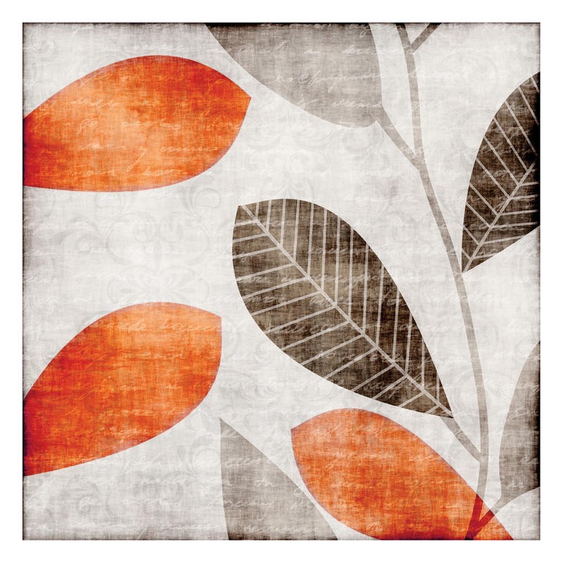 Kristin Emery, GRAY ORANGE LEAVES II (Muster, floral, Blätter, Pflanzen, Botanik, Grafik,  modern, zeitgenössisch, Wohnzimmer, Treppenhaus, Wunschgröße, grau/orange)