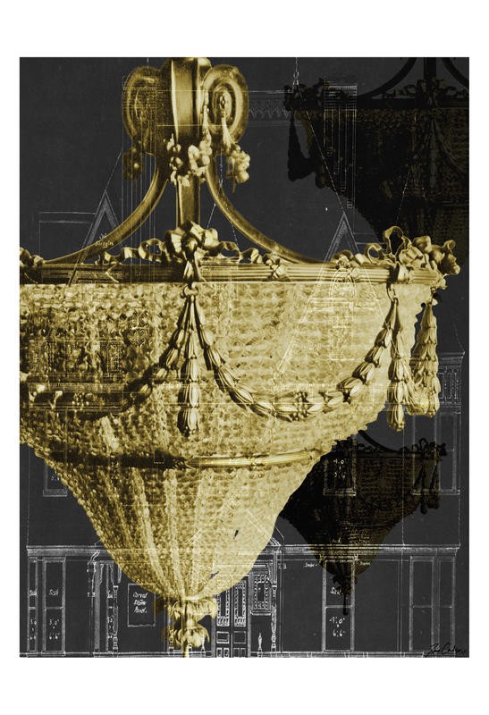 Tina Carlson, CHANDELIER GOLD II (Lampe, Leuchter, Kronleuchter, Kristall, Nostalgie, Retro, Vintage, Grafik, Fotokunst, Wunschgröße, Wohnzimmer, Treppenhaus, bunt)