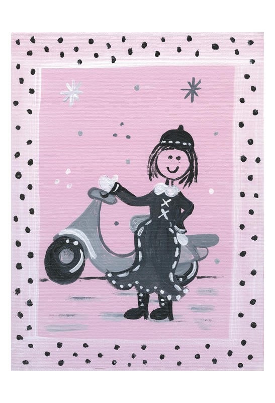 Tammy Hassett, ON TOUR II (Mädchen, Roller, Vespa, Winter, Schneeflocken, Punkte, sterne, naiv, niedlich, lustig, plakativ, Grafik, Kinderzimmer, Wunschgröße, rosa/schwarz)