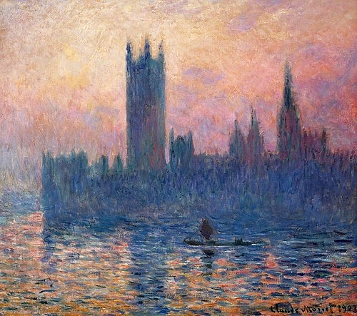 Claude Monet, Das Parlament in London bei Sonnenuntergang. 1903 (Monet,Claude,1840-1926,Washington,National Gallery,Lwd.,Monet, Claude Monet,England,Großbritannien,London,Abend,Impressionismus,impressionistisch,Gebäude,Parlamentsgebäude,Westminster,Abendstimmung,Sonnenuntergang,nebelig,neblig,Dunst,Wasser,Wasseroberflä)
