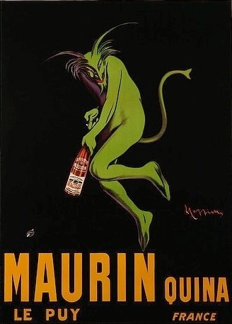 Leonetto Cappiello, Maurin Quina. Um 1922 (Werbung, Teufel, grüner Belzebub, Flasche, Alkohol, Bistro, Küche, Bar, Treppenhaus, Wohnzimmer, Plakatkunst, Farblithographie, Grafik, Nostalgie, bunt)