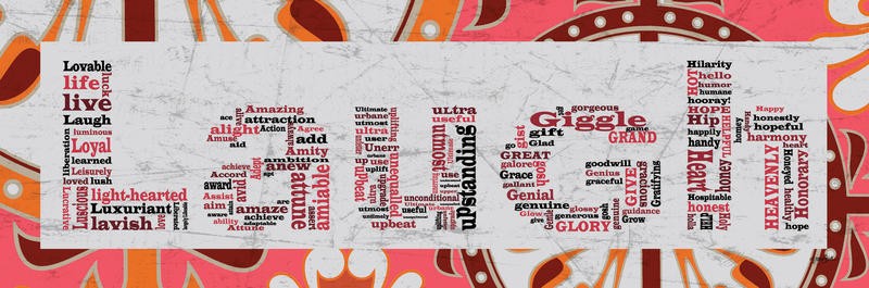 Diane Stimson, LAUGH III (Lachen, Buchstaben, Zeitungspapier, Motivation, Inspiration, Typografie, Grafik, Wunschgröße, Treppenhaus, Jugendzimmer, bunt)