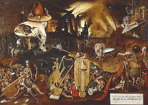 Hieronymus Bosch, Die Hölle. (Malerei, Klassiker, Renaissance, Triptychon, Detail, Phantasie, Symbolik, Fabelwesen, Dämonen, Wunschgröße, Dunkelheit, Hölle, Bestrafung, Fegefeuer, Wohnzimmer,  surreal)