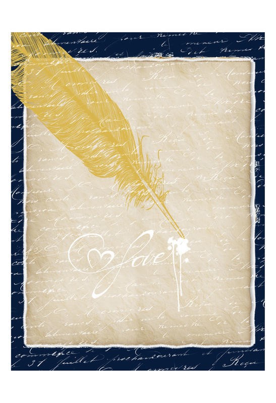 Sheldon Lewis, P.S. I LOVE YOU I (Federn, Vogelfedern, Schreibfeder, Liebesbrief, retro/vintage, Kalligrafie, Wohnzimmer, Jugendzimmer, Treppenhaus, Grafik, Wunschgröße,bunt)