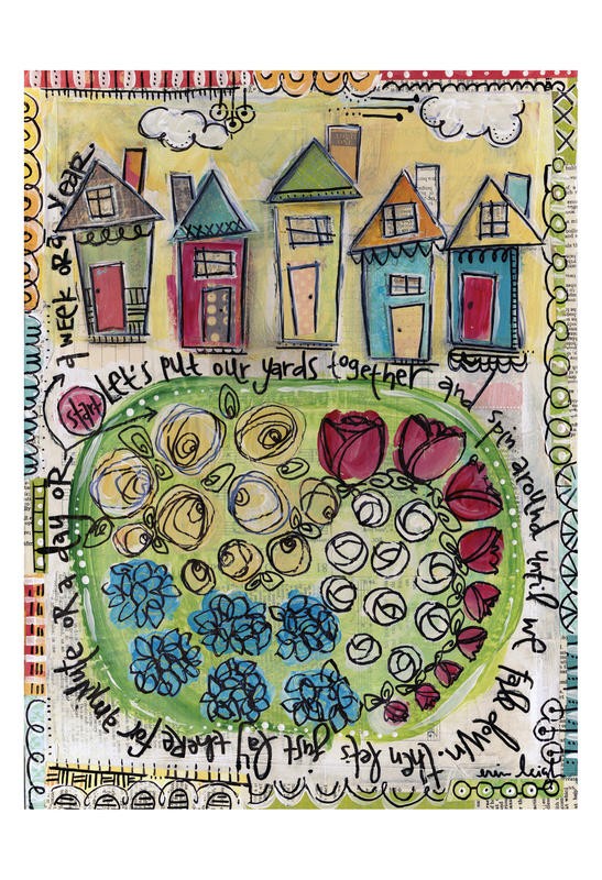 Erin Butson, LET'S I (Dorf, Häuser, Garten, Blumengarten, fröhlich, Motivation, Inspiration, naiv, Grafik, Wohnzimmer, Treppenhaus,  Wunschgröße, bunt)