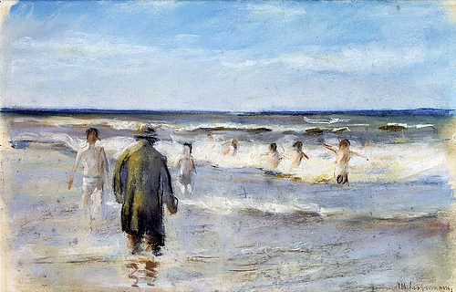Max Liebermann, Badende. (Liebermann,Max,1847-1935,Christie's Images Ltd,Pastell,19. Jahrhundert,20. Jahrhundert,Impressionismus,Max Liebermann,Küste,Meer,Meeresküste,baden,Badende,Kinder,Jungen,Horizont,Rückenfigur,alter Mann,Gruppe,Spaß haben,Freizeit,Wellen,Pastell,blau,blauer)