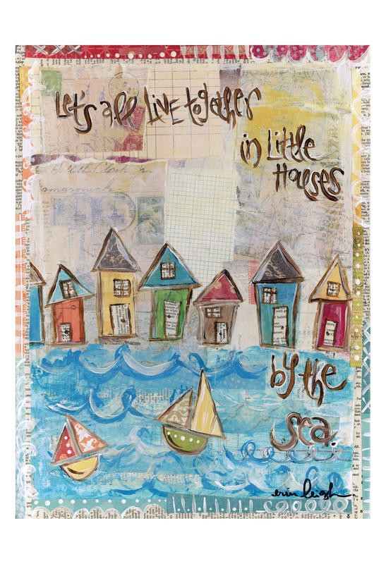 Erin Butson, LET'S V (Dorf, Häuser, Meer, Boote, fröhlich, Motivation, Inspiration, naiv, Grafik, Wohnzimmer, Treppenhaus,  Wunschgröße, bunt)