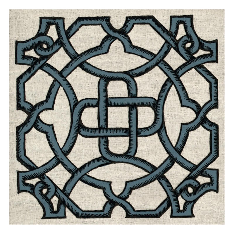 Tina Carlson, WOODCUT NAVY I (Kachel, Muster, Ornamente, orientalisch, Holzschnitt, Grafik, Wunschgröße, Wohnzimmer, Treppenhaus, Küche, grau)
