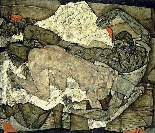 Egon Schiele, Liebespaar (Mann und Frau I). 1914 (Expressionismus, Öl auf Leinwand, Liebespaar, Paar, Mann, Frau, Erotik, Akt, Bett, Laken,knien,Rücken, Malerei, Wunschgröße, Schlafzimmer, Wohnzimmer, bunt)