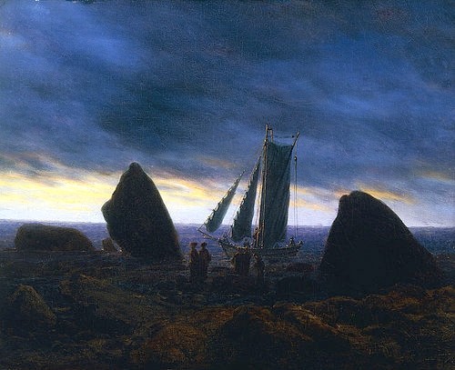Caspar David Friedrich, Fischerboot zwischen Findlingen am Ostseestrand. (Friedrich,Caspar David,1774-1840,Christie's Images Ltd,Öl auf Leinwand,19. Jahrhundert,Caspar David Friedrich,Ostsee,Meer,blau,Himmel,wolkig,Dunkelheit,Nacht,dunkel,Segelboot,Steine,Meer)