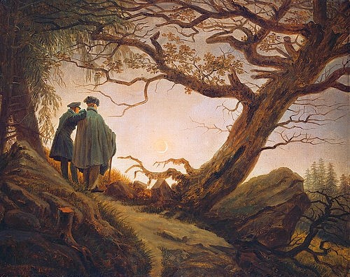 Caspar David Friedrich, Zwei Männer in Betrachtung des Mondes. Um 1830 (Friedrich,Caspar David,1774-1840,Christie's Images Ltd,Öl auf Leinwand,19. Jahrhundert,Romantik,Caspar David Friedrich,Baum,Äste,Umhang,Kontemplation,Betrachtung,Abend,Abendstimmung,Freunde,Freundschaft,Hand auf der Schulter,Männer,Mond,Natur,Rückenfigur,)