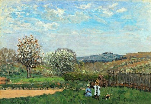 Alfred Sisley, Spielende Kinder auf einer Wiese (Enfants Jouant dans la Prairie). 1873 (Landschaft, Landschaftsmalerei, Sommer, Wiese, Kinder, Spiel, blühende Bäume, ländlich, Frankreich, Idylle, Wohnzimmer, Treppenhaus, Impressionismus, Klassische Moderne, Malerei, Wunschgröße, bunt)