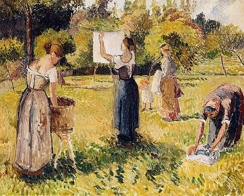 Camille Pissarro, Waschfrauen in Eragny (Studie). Um 1901 (Pissarro,Camille,1830-1903,Christie's Images Ltd,Öl auf Leinwand,19. Jahrhundert,Camille Pissarro,Frau,Frauen,Hausfrauen,Hausarbeit,Haushalt,Waschtag,waschen,Wäsche,Wäscherin,Wäscherinnen,Waschfrauen,Schürze,Alltag,alltägliche Szene,aufhängen,Wäscheleine,)