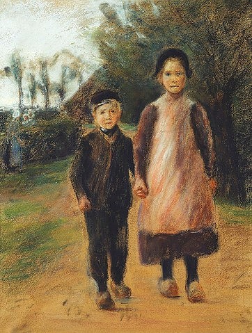 Max Liebermann, Junge und Mädchen auf der Dorfstraße. Um 1897 (Liebermann,Max,1847-1935,Christie's Images Ltd,Pastell,19. Jahrhundert,auf getöntem Papier,Max Liebermann,Junge,Mädchen,Kind,Kinder,Geschwister,Schwester,Bruder,zwei,Schürze,Kappe,Clogs,Holzpantinen,Pastell,Hand in Hand,an den Händen halten,Weg,Dorfstraße)