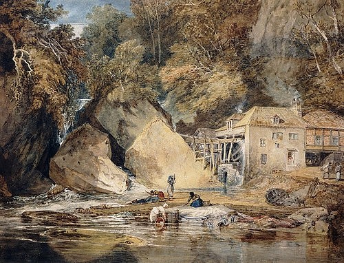 Joseph Mallord William Turner, Aberdulais Mill, Glamorganshire, Wales. 1796-97 (Turner,Joseph Mallord William,1775-1851,Christie's Images Ltd,Aquarell über Bleistift,19. Jahrhundert,Joseph Mallord William Turner,Aberdulais Mill,Glamorganshire,Wales,England,Großbritannien,Mühle,Fluss,Flussufer,Waschfrauen,Wäscherinnen,Tal,draußen,Stei)