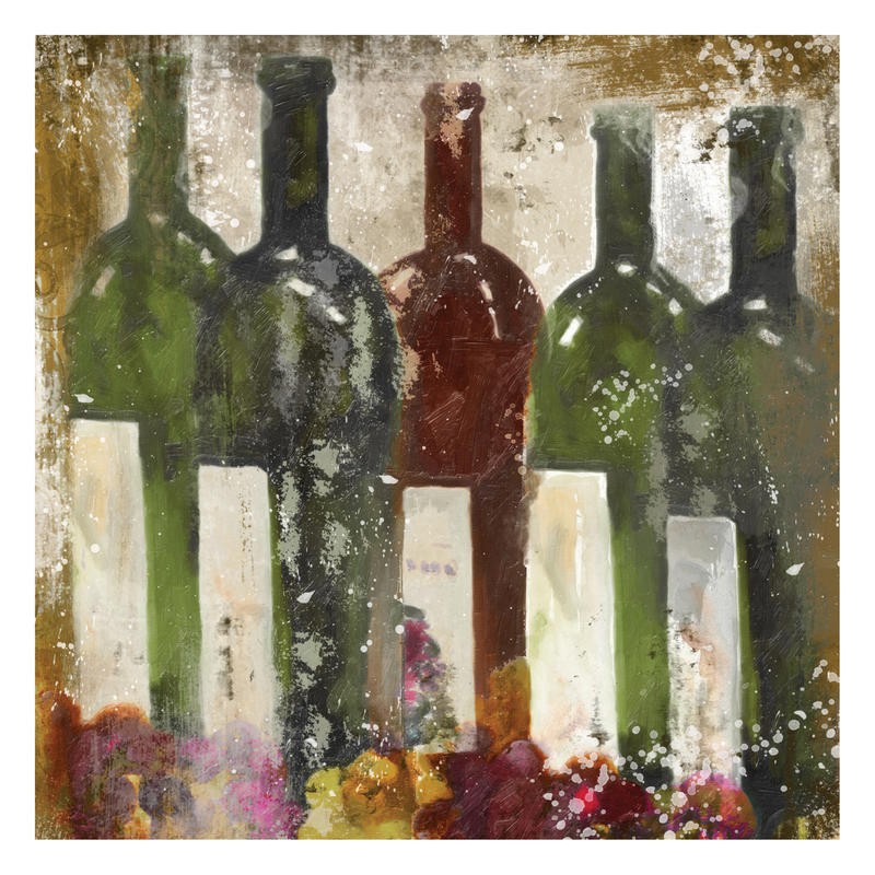 Cynthia Alvarez, WINE BOTTLES I (Flaschen, Weinflaschen, Malerei, Küche, Esszimmer,  Wohnzimmer, Treppenhaus, Wunschgröße, hellblau)
