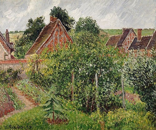 Camille Pissarro, Verregneter Nachmittag in Eragny (Temps de Pluie, apres-midi, Eragny). 1899 (Impressionismus,19. Jahrhundert,Öl auf Leinwand,Christie's Images Ltd,1830-1903,Pissarro,Camille,Camille Pissarro,Eragny,Garten,Dach,Dächer,grün,Blätter,Sträucher,Gras,Bauerngarten,Gemüsegarten,Beet,Giebel,Regen,fruchtbar,Dorf, französischer impressionism)