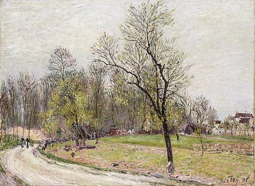 Alfred Sisley, Waldrand an einem Frühlingsabend (La Lisière de la Foret au Printemps, le Soir). 1886 (Landschaft, Landschaftsmalerei, Frühling, Jahreszeit, Abendstimmung, Dämmerung, Waldrand, Frankreich, Idylle, Wohnzimmer, Treppenhaus, Impressionismus, Klassische Moderne, Malerei, Wunschgröße, bunt)