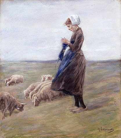 Max Liebermann, Schafhirtin. 1887 (Liebermann,Max,1847-1935,Christie's Images Ltd,Pastell/Papier,19. Jahrhundert,Impressionismus,Max Liebermann,Mädchen,Teenager,Tiere,Hirtin,Schafhirtin,Schafe,weiden,Seitenansicht,Schürze,Pastell,Haube,Clogs,Holzpantinen,Horizont,draußen,hüten,Herde,Schafh)