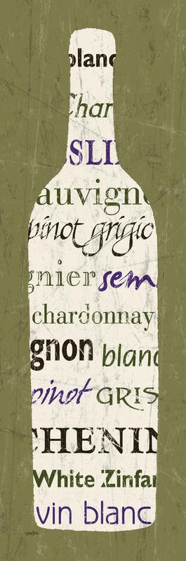 Diane Stimson, VIN BLANC I (Flasche, Weinflasche, Weißwein, Buchstaben, Typografie, Grafik, plakativ, Wunschgröße, Küche, Esszimmer, Bar, Bistro, Gastronomie, grün/beige)