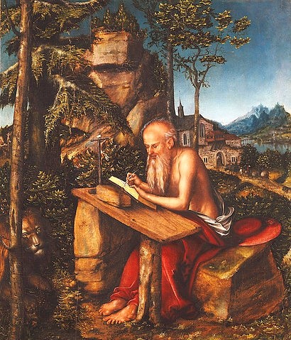 LUCAS CRANACH Der Ältere, Der heilige Hieronymus. Um 1515 (Heiliger, Hieronymus, alter Mann, schreiben, Eremit, Schreibtisch, Landschaft, Klassiker, Renaissance, Wunschgröße, Wohnzimmer)