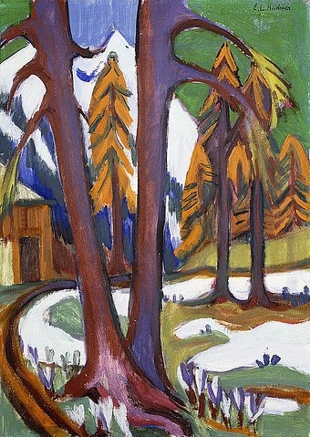 Ernst Ludwig Kirchner, Berg-Vorfrühling mit Lärchen. Um 1921-23 (Kirchner,Ernst Ludwig,1880-1938,Christie's Images Ltd,Öl auf Leinwand,20. Jahrhundert,Expressionismus,Ernst Ludwig Kirchner,Baum,Schnee,Schneeschmelze,Tanne,Nadelbaum,kahl,Winter,Frühlingsanfang,Lärche,Weg,Berg,Tauwetter,Baumstamm,Krokus,Landschaft,Vorfrü)